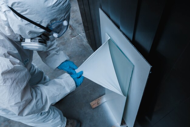 Primer plano de un trabajador con un traje de materiales peligrosos arrancando una capa protectora