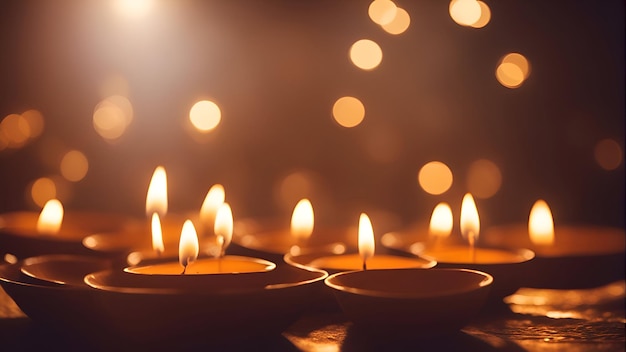 Primer plano de velas encendidas sobre fondo oscuro con efecto bokeh