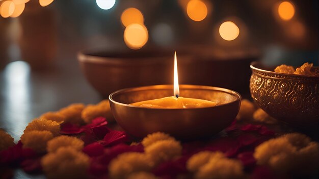 Foto gratuita primer plano de velas y pétalos de flores para el festival diwali