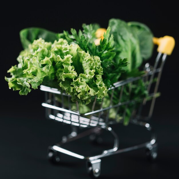Primer plano de verduras de hoja verde en carrito de compras sobre fondo negro