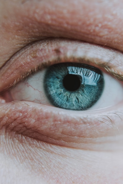 Primer plano vertical del ojo azul claro de un ser humano anciano