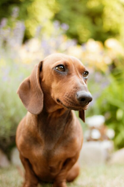 Primer plano vertical de un perro Dachshund marrón con una naturaleza borrosa