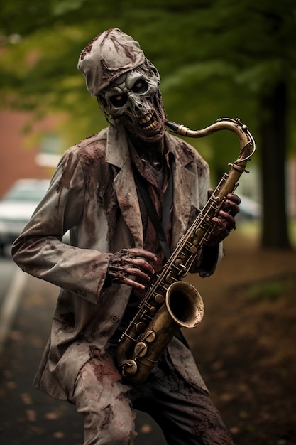 Foto gratuita primer plano de zombie cantando saxofón