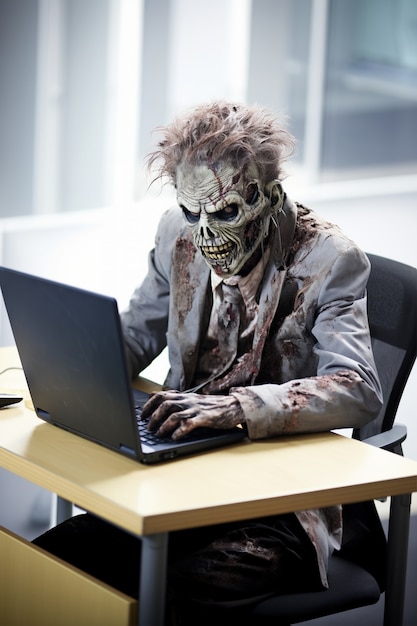 Foto gratuita primer plano de zombie trabajando en una computadora portátil