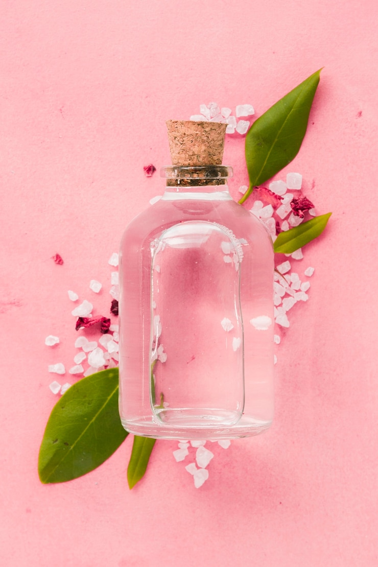 Foto gratuito primer recipiente de vidrio sobre fondo rosa