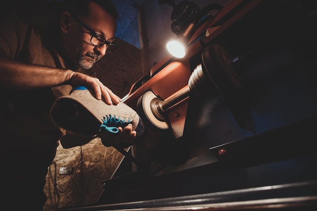 Proceso de fabricación de botas: el maestro está fabricando suelas con una herramienta especial en el taller.