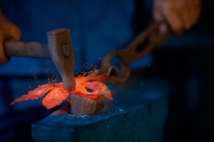 Foto gratuito proceso de fabricación de decoraciones para valla en herrería grande.