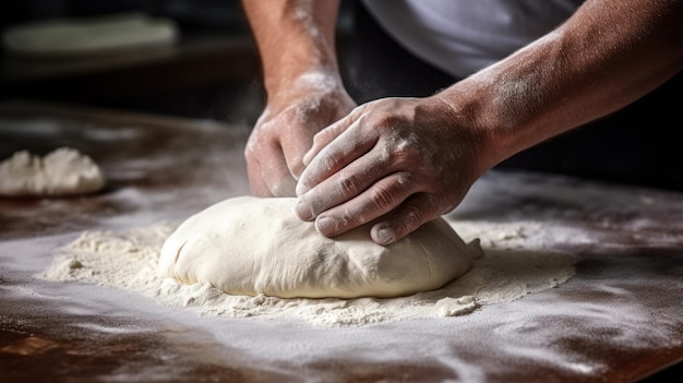 El proceso de hacer pizza casera tiene lugar en una mesa de cocina.