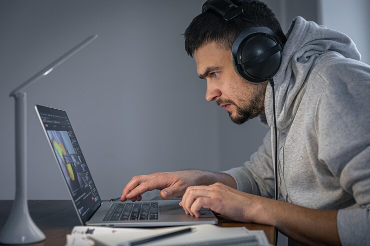 Foto gratuito proceso de trabajo por la noche un músico está creando música por la noche.