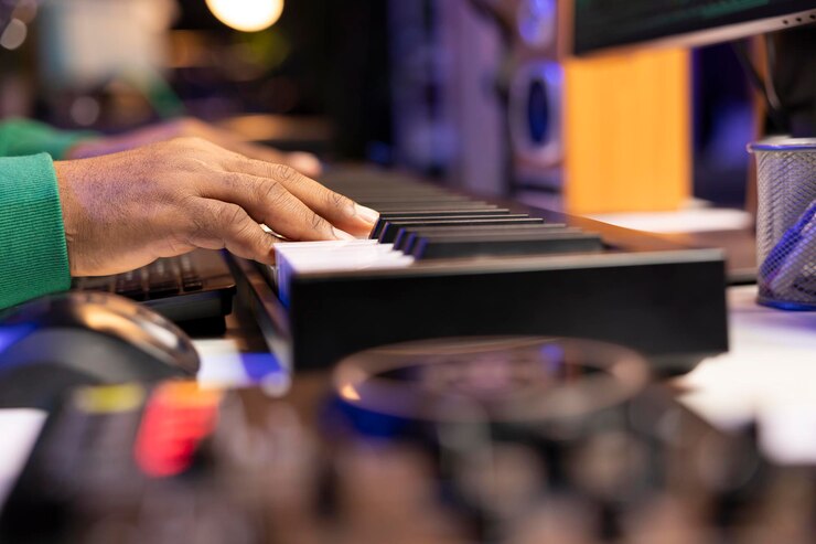 Foto gratuito productor de música tocando notas en el teclado electrónico del piano