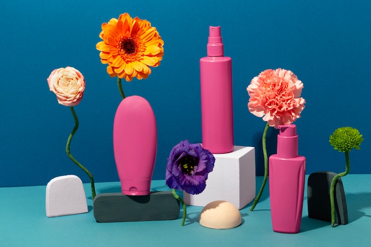 Foto gratuito productos cosméticos y flores