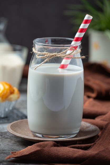 Productos lácteos sabrosos productos lácteos saludables en una mesa de crema agria en un tazón, tazón de requesón, crema en un banco y tarro de leche, botella de vidrio y en un vaso.