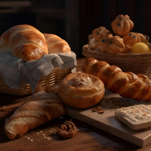 Productos de panadería en una mesa de madera Croissants recién horneados