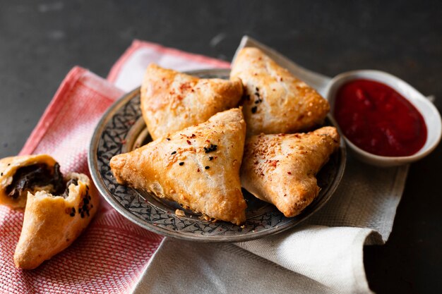 Productos de pastelería india con chocolate y salsa