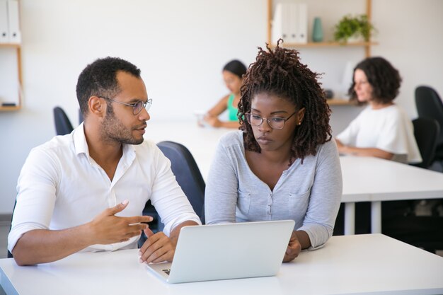 Profesional de negocios que explica los detalles del proyecto a un colega