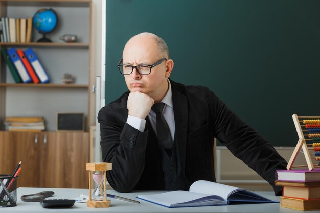 Profesor hombre con gafas revisando el registro de clase mirando a un lado perplejo sosteniendo el puño debajo de su barbilla sentado en el escritorio de la escuela frente a la pizarra en el aula