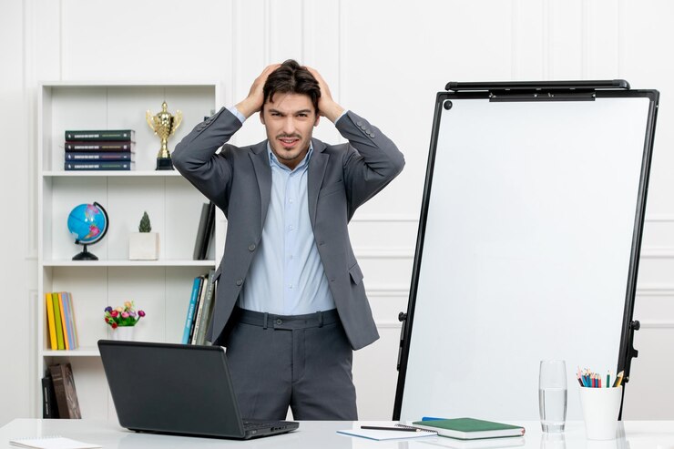 Foto gratuito profesor instructor inteligente en traje gris en el aula con computadora y pizarra sosteniendo la cabeza