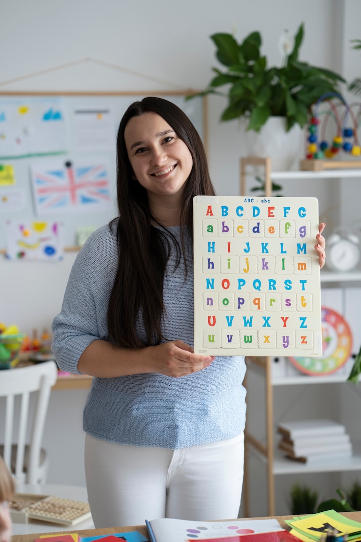 Foto gratuito profesor sonriente de vista frontal con letras coloridas
