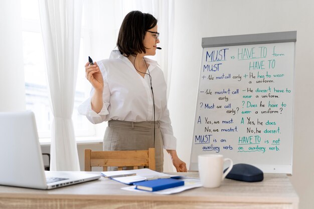 Profesora haciendo su clase de inglés con una pizarra.