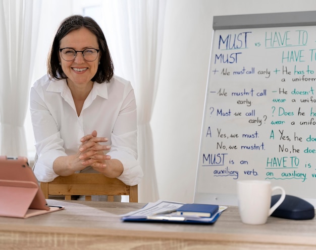 Profesora de inglés haciendo su clase con una pizarra.