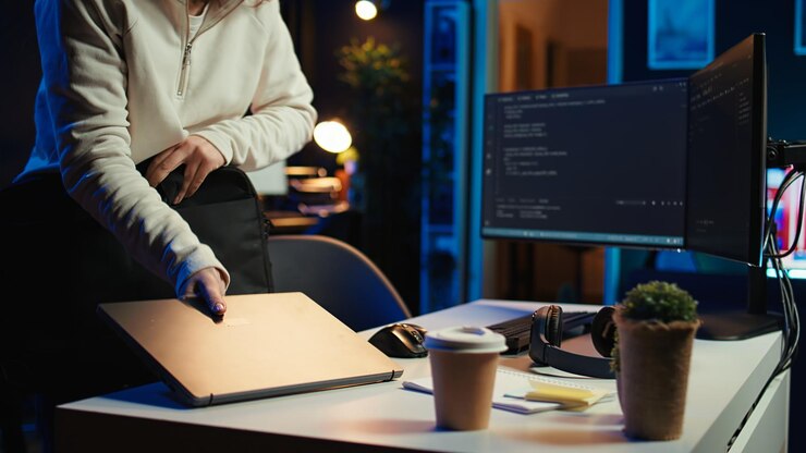 Foto gratuito programador de teletrabajo que llega a la oficina en casa y comienza a codificar