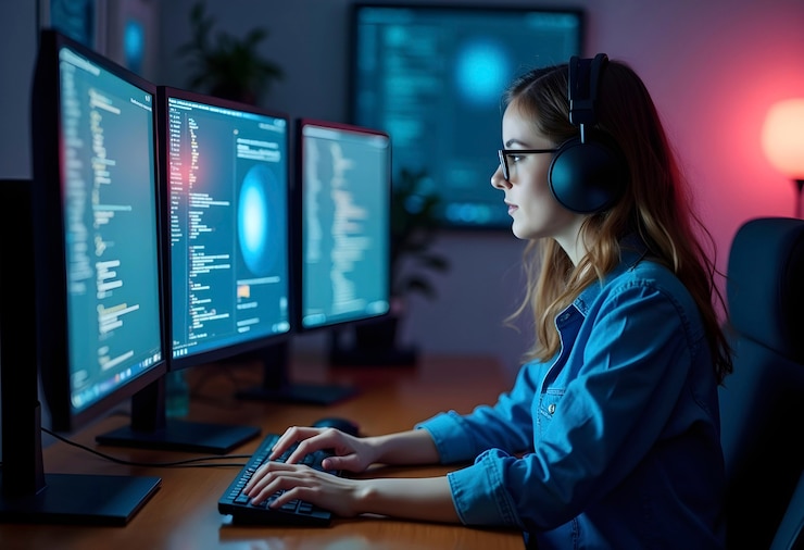 Foto gratuito programatora codificando por la noche