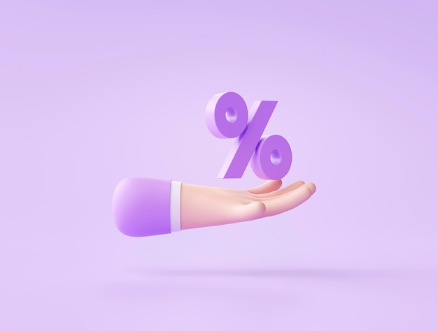 Promoción de signo de porcentaje de mano o icono de venta de descuento o símbolo en representación 3d de fondo púrpura
