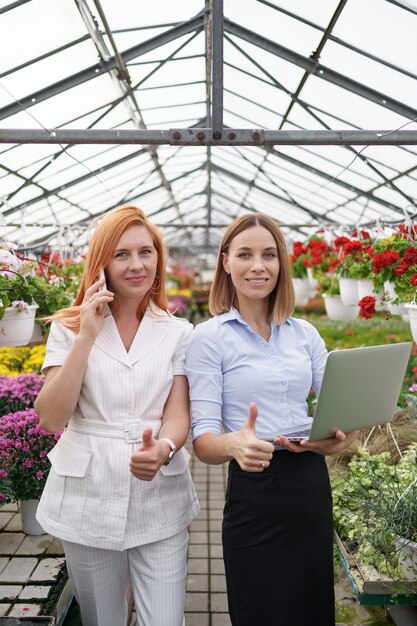 Propietario de invernadero presentando opciones de flores a un posible cliente minorista utilizando una computadora portátil.