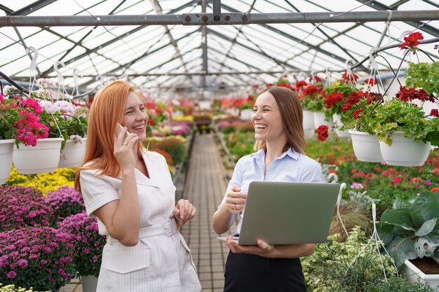 Propietario de invernadero presentando opciones de flores a un posible cliente minorista utilizando una computadora portátil.