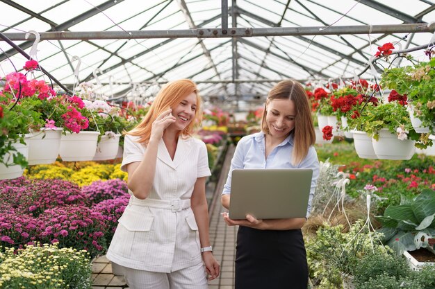 Propietario de invernadero presentando opciones de flores a un posible cliente minorista utilizando una computadora portátil.