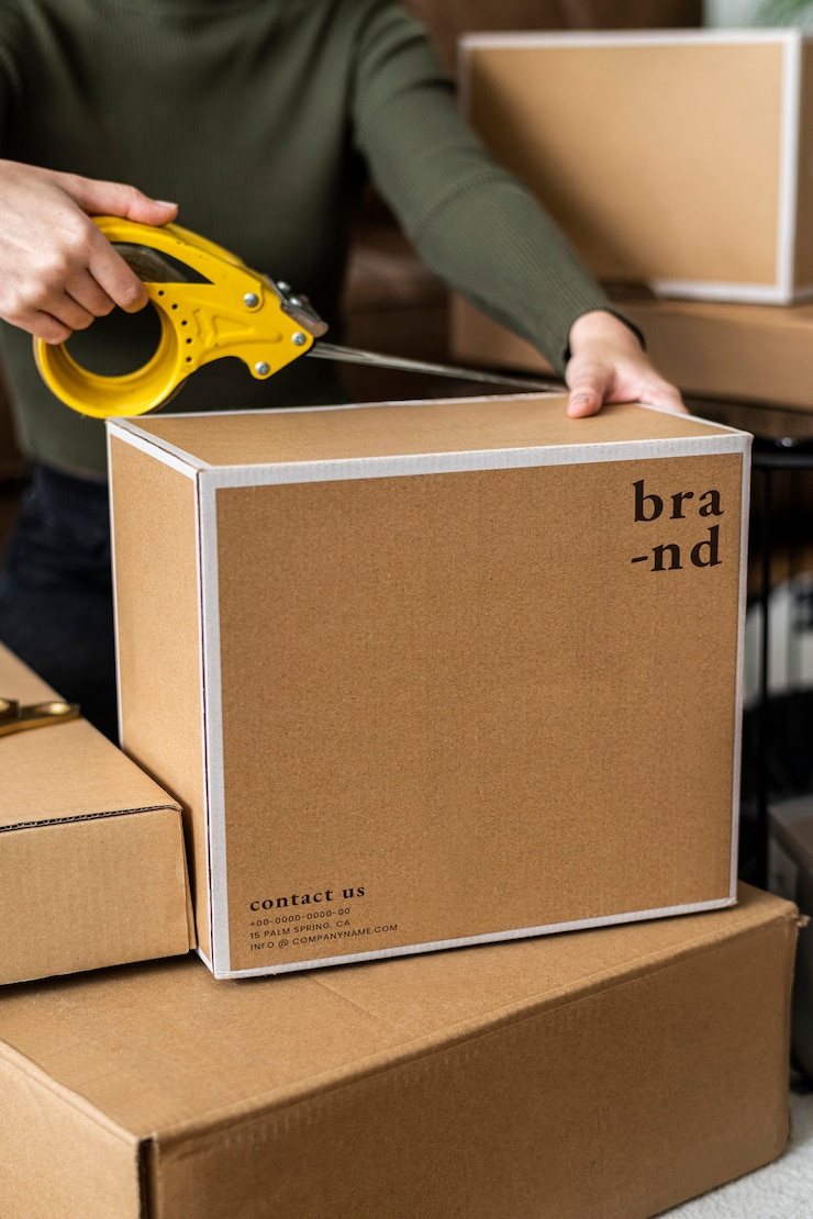 Foto gratuito propietario de una pequeña empresa que embala las cajas del paquete del producto para la entrega