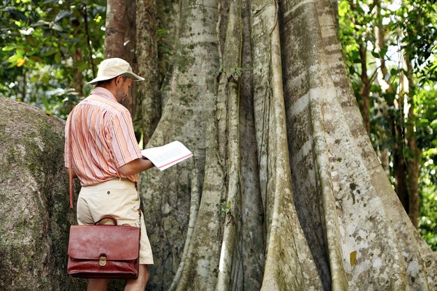 Protección y conservación de la naturaleza y el medio ambiente. Botánico con sombrero y camisa leyendo notas en su cuaderno mientras estudia las características del árbol emergente en la selva en un día soleado.