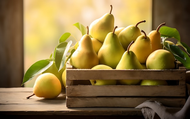 Próximo a las frutas de temporada de la pera para el invierno