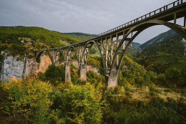 Puente de arco Durdevica Tara en las montañas de otoño Montenegro