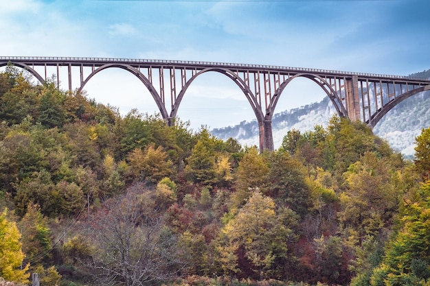 Puente de arco Durdevica Tara en las montañas de otoño Montenegro