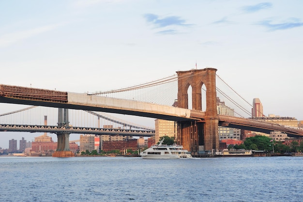 Puente de Brooklyn sobre el East River visto desde el paseo marítimo del Bajo Manhattan de la ciudad de Nueva York al atardecer.