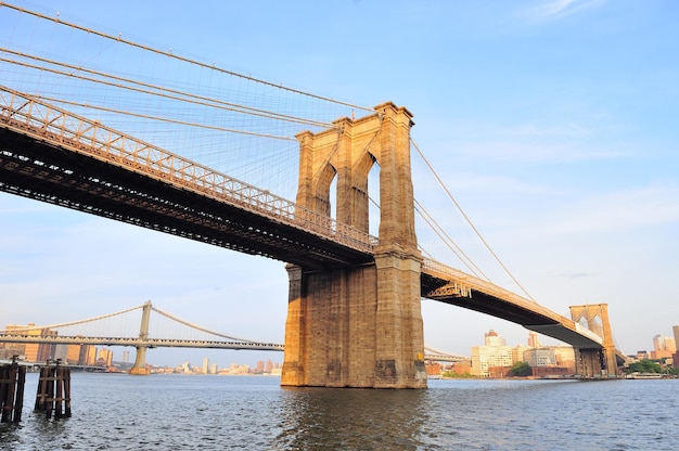 Puente de Brooklyn sobre el East River visto desde el paseo marítimo del Bajo Manhattan de la ciudad de Nueva York al atardecer.