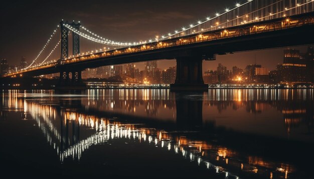 Puente colgante iluminado se refleja al anochecer generado por IA