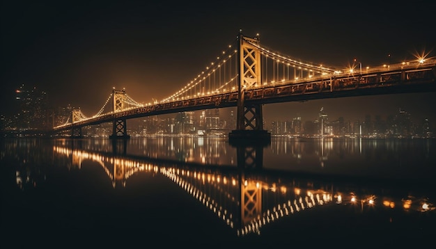 Puente colgante iluminado se refleja en el paseo marítimo al atardecer generado por IA