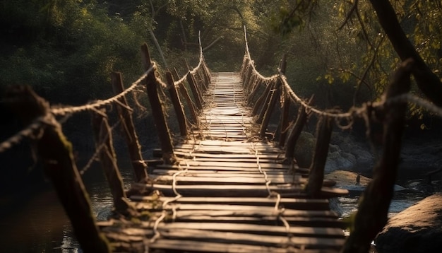 Foto gratuita puente peatonal sobre aguas tranquilas en un frondoso bosque generado por ia