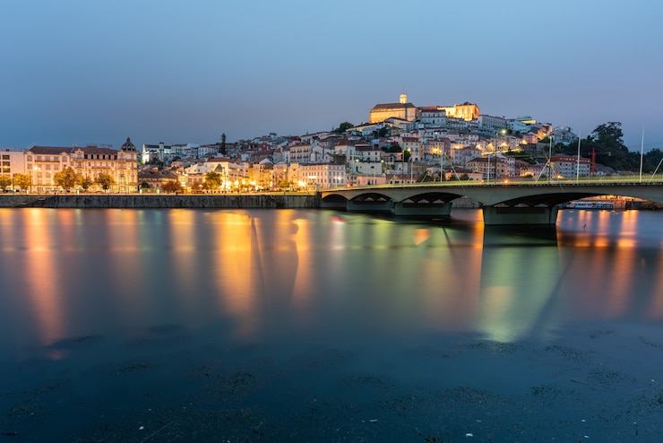 Foto gratuito puente sobre el mar rodeado por coimbra con las luces que se reflejan en el agua en portugal