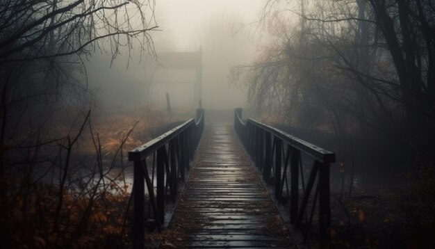 Puente sobre el río en la niebla