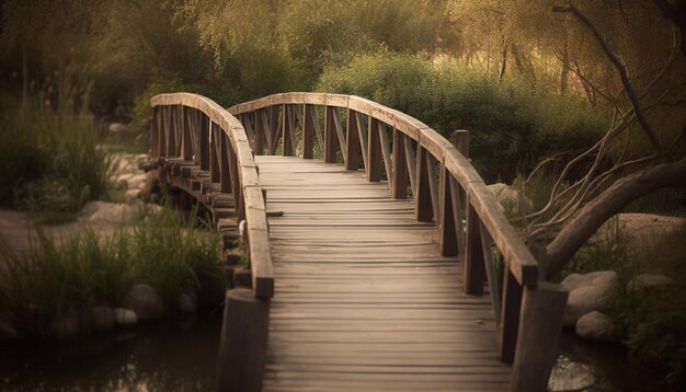 El puente de tablones elevados refleja la belleza de la naturaleza generada por IA