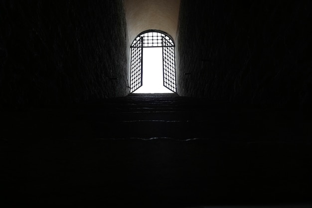 Puerta brillante al final de una escalera