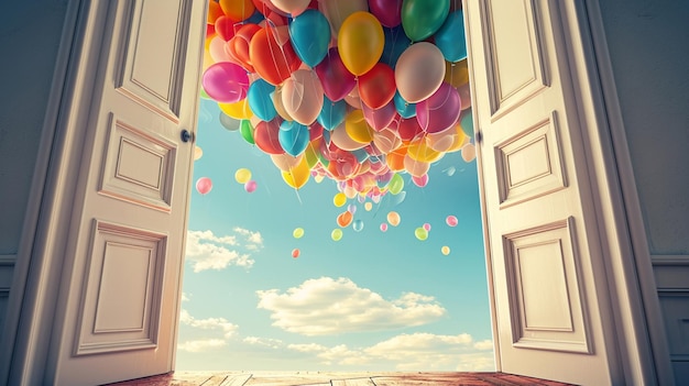 Foto gratuita una puerta de madera abierta por la que salen globos.