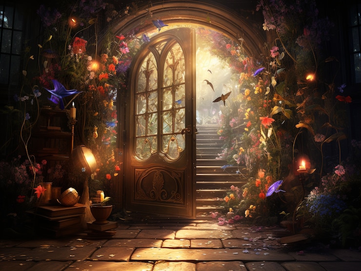 Foto gratuito una puerta que se extiende hacia un mundo de fantasía
