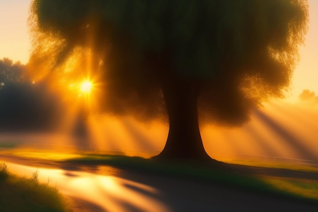 Una puesta de sol con un árbol en primer plano y el sol brillando a través de los árboles.
