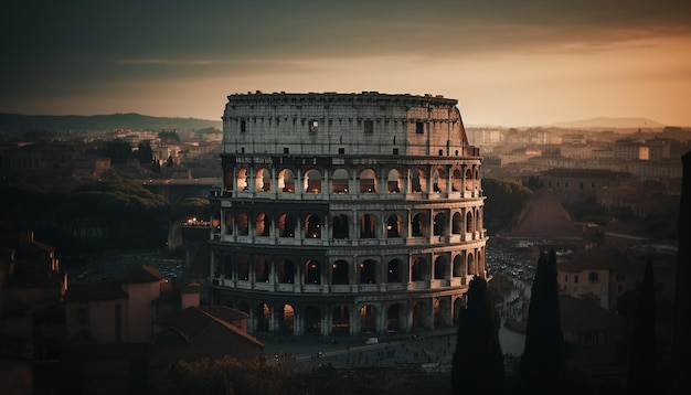 La puesta de sol ilumina las antiguas ruinas italianas en una vista panorámica generada por IA