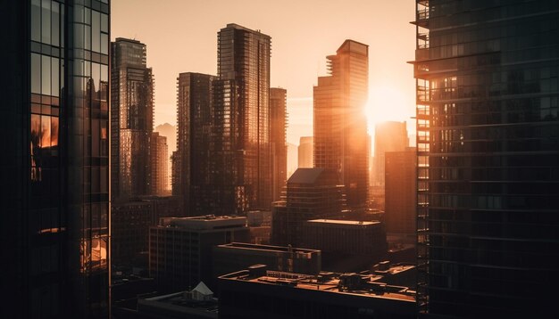 La puesta de sol ilumina los modernos rascacielos de acero del horizonte de Beijing reflejados por IA