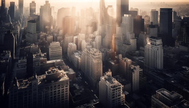 Puesta de sol ilumina rascacielos modernos en el distrito financiero generado por AI